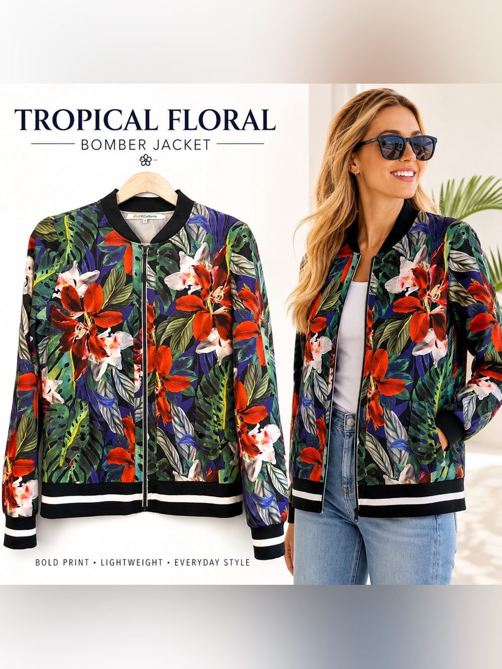 C&C California Tropical Floral Bomber Jacket Size S a171